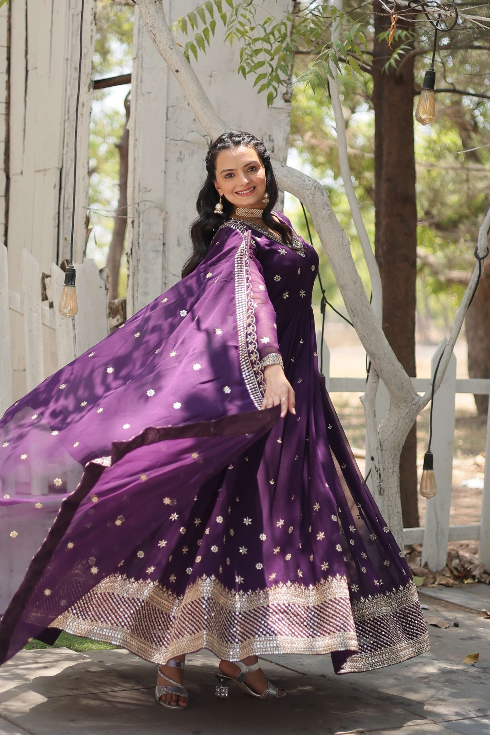 Purple Designer Faux Blooming Anarkali Gown with Sequins Embroidered Dupatta ? Wedding & Festive Wear