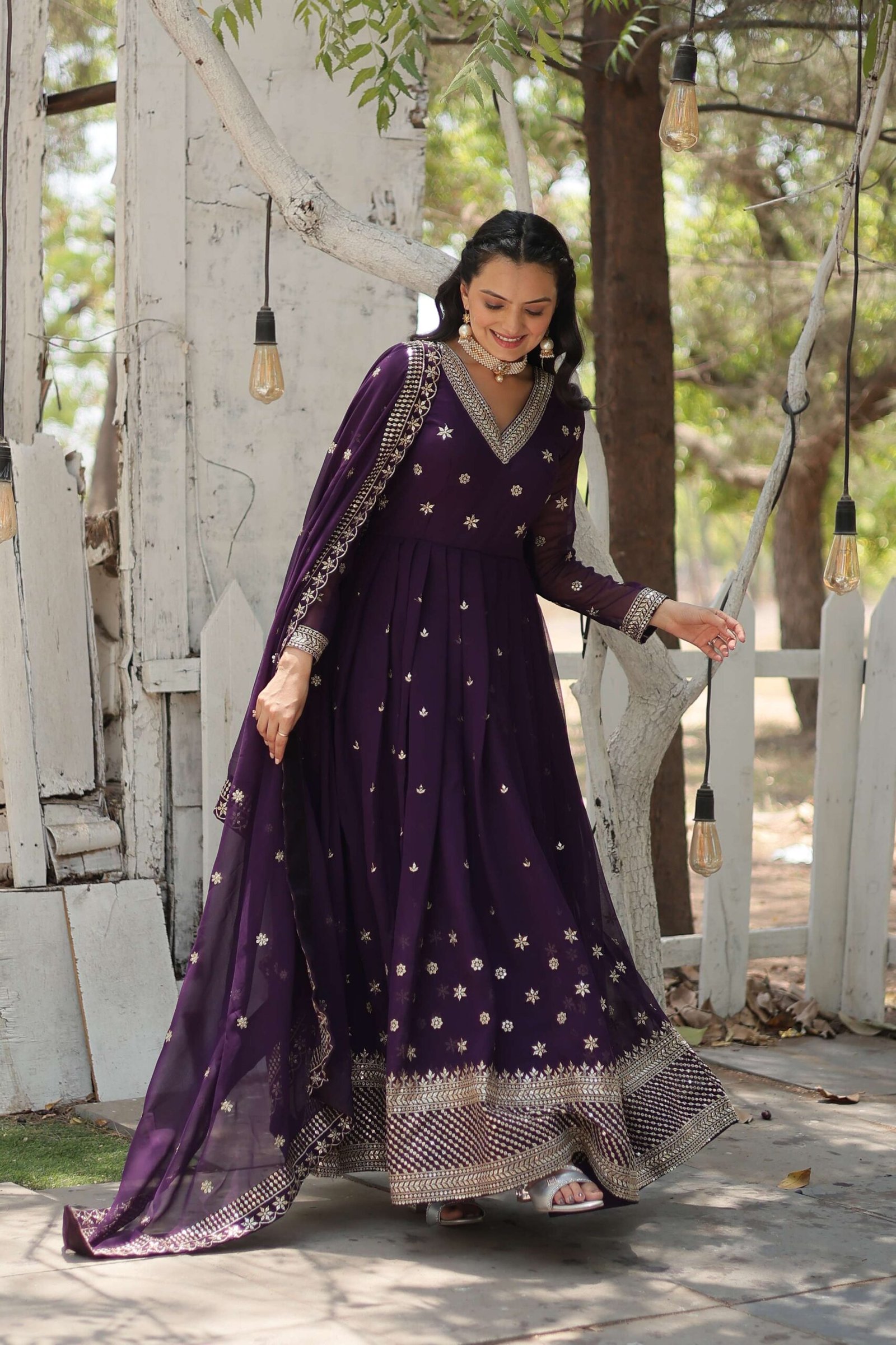 Purple Designer Faux Blooming Anarkali Gown with Sequins Embroidered Dupatta ? Wedding & Festive Wear - Image 6