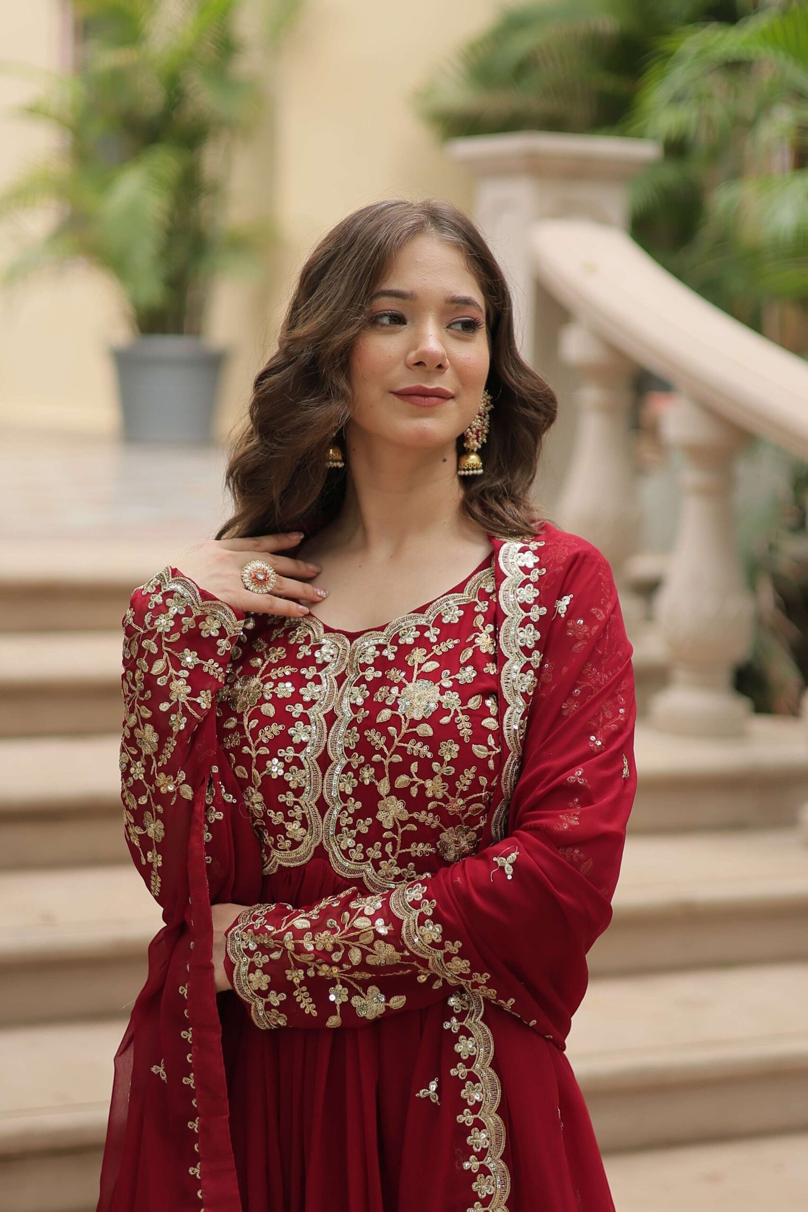 Maroon Faux Blooming Sequins & Zari Embroidered Gown with Matching Dupatta - Image 6