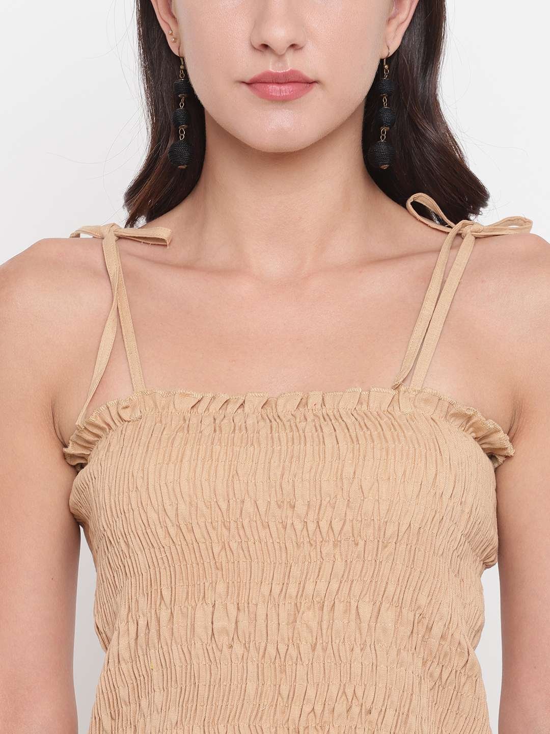 Women's Rayon Solid Casual Summer Style Tie Shoulder Straps Free Size Tank Top (Cream) - Image 4