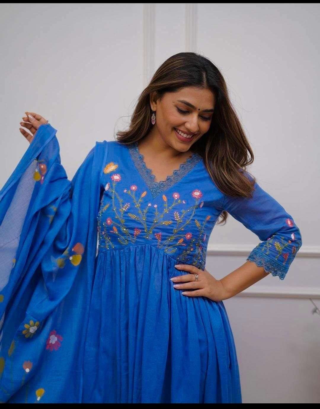 Women's Cotton Embroidered Long Anarkali Kurti With Pant and Dupatta Set - Image 3