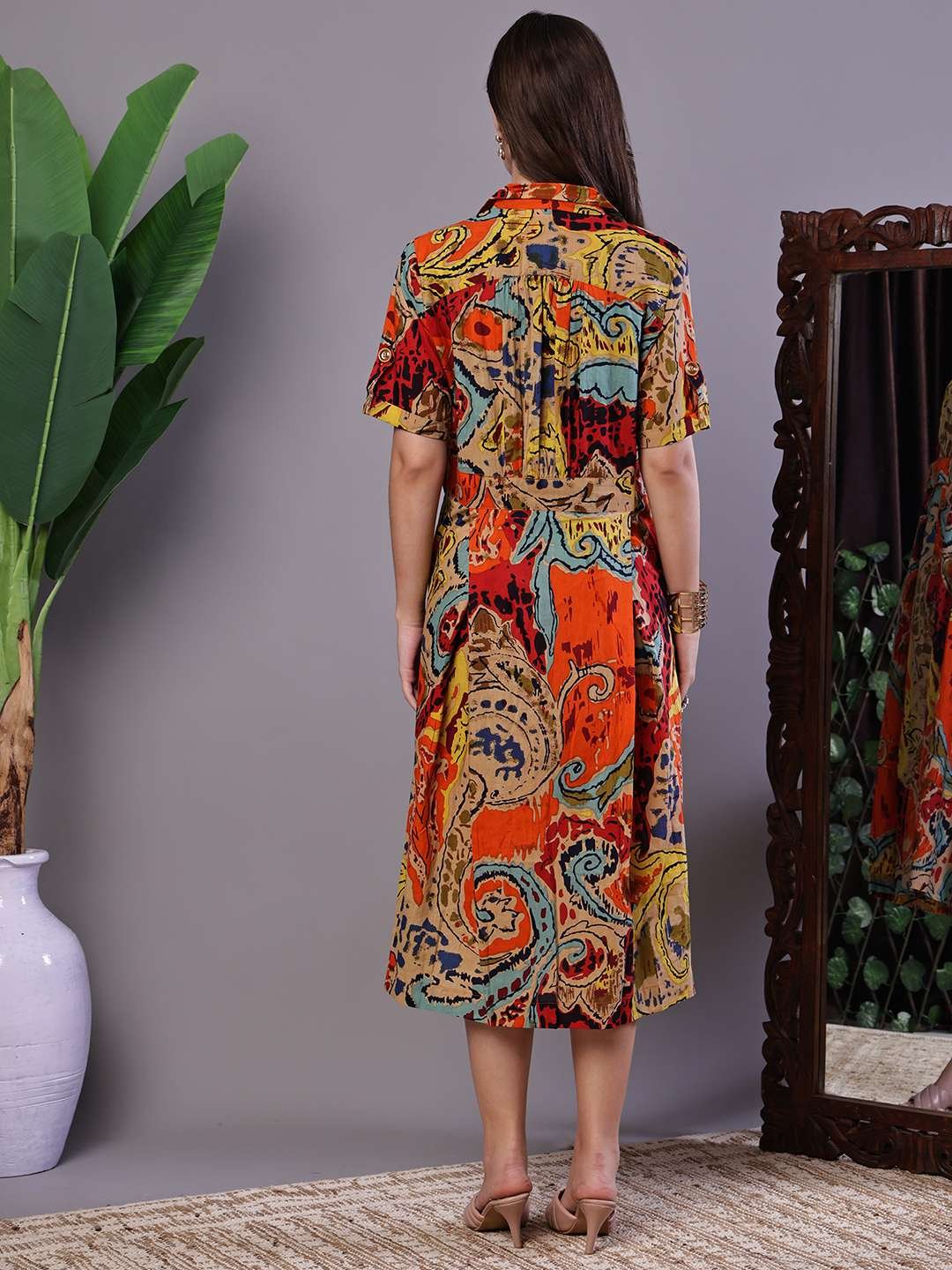 Women's Bohemian Chic Multi-Color Paisley Print Cotton Collared Midi Dress - Image 2