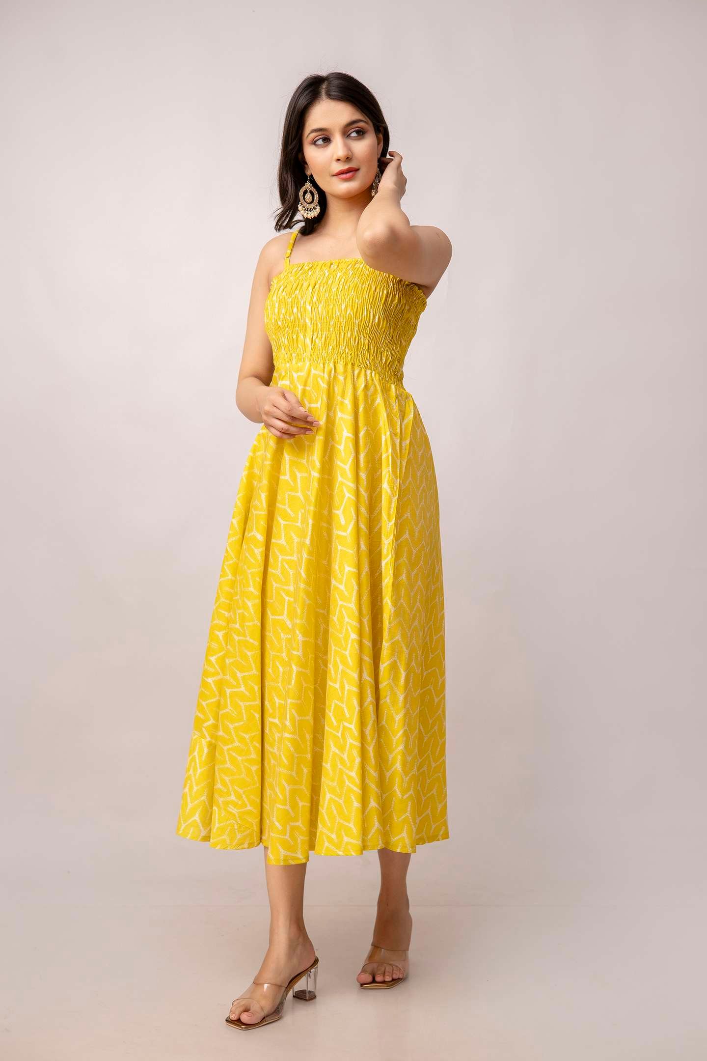 Women's Silk Printed Shoulder Straps Sleeveless Anarkali Gown Drees (Yellow Sui)