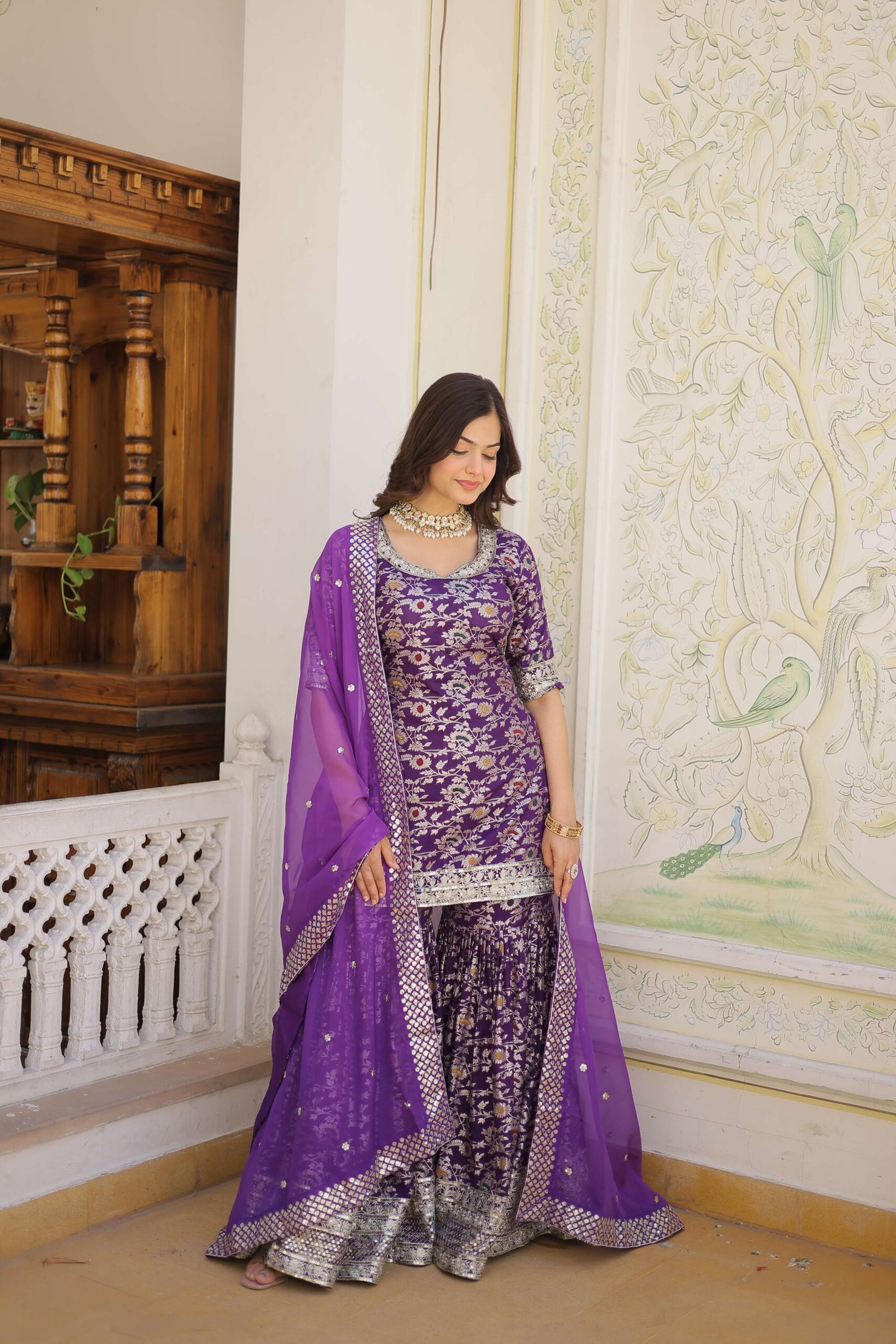 Purple Faux Blooming Sequins Embroidered Sharara Set with Matching Dupatta ? Festive & Party Wear 2024 - Image 3