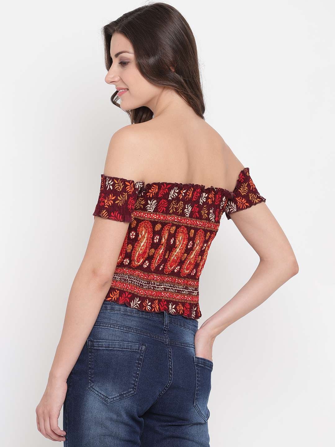 Women's Rayon Printed Off-Shoulder Smocked Crop Top Short Sleeve Casual Styles Tank Top (FREE SIZE) Multi2 - Image 2