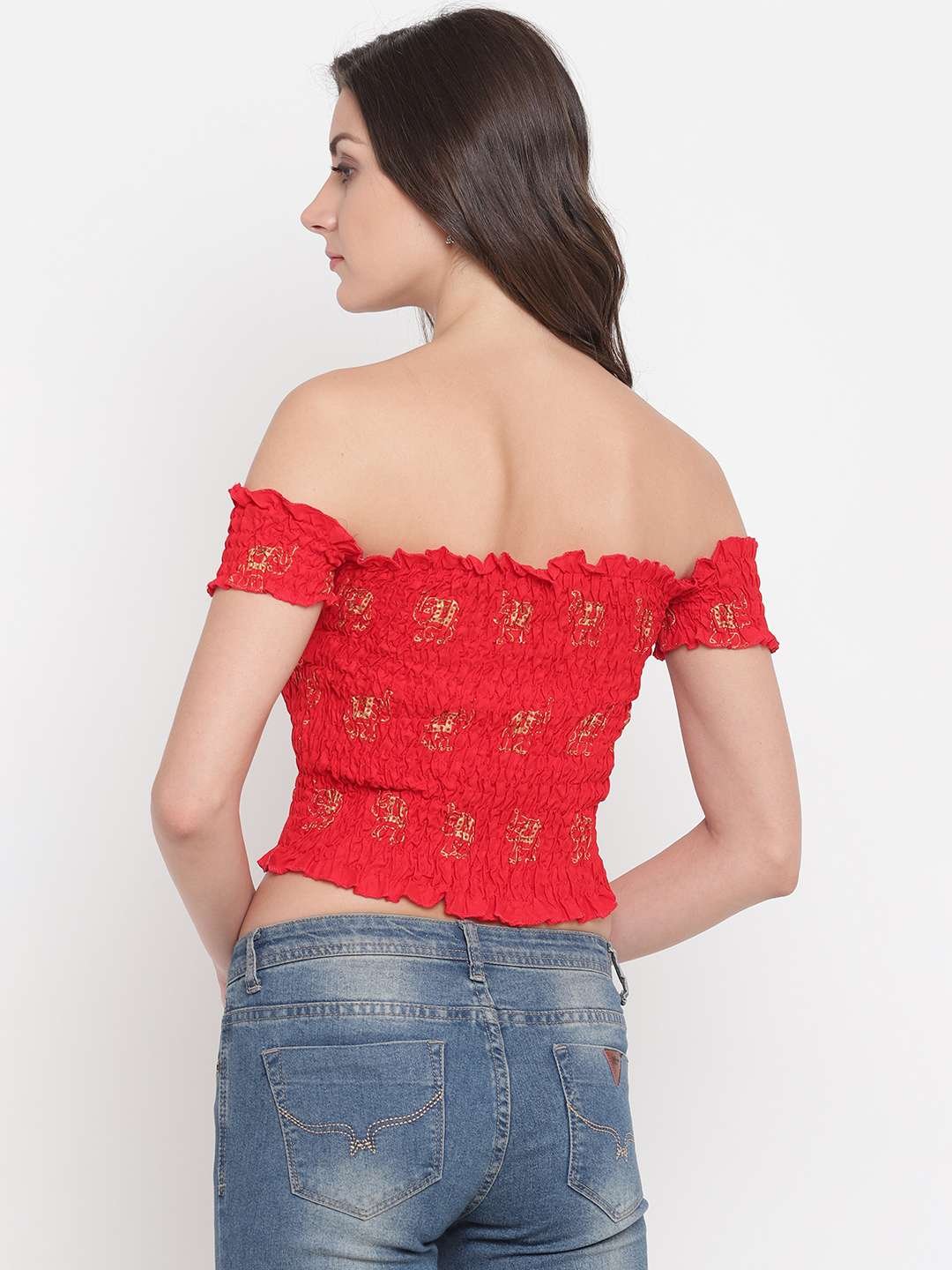 Women's Rayon Printed Off-Shoulder Smocked Crop Top Short Sleeve Casual Styles Tank Top (FREE SIZE) Multi11 - Image 2